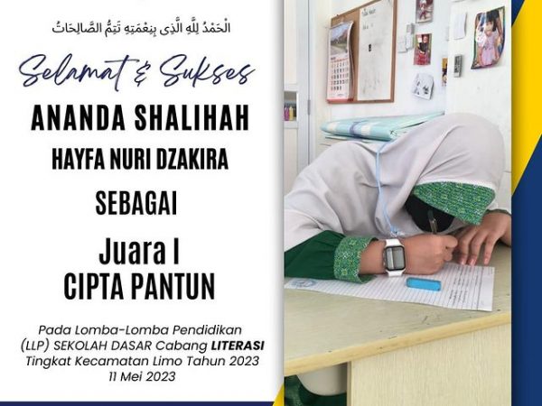 Alhamdulillah ananda shalihah Hayfa Nuri Dzakira mendapat Jaura 1 pada Lomba Literasi Tingkat Kecamatan Limo - Depok